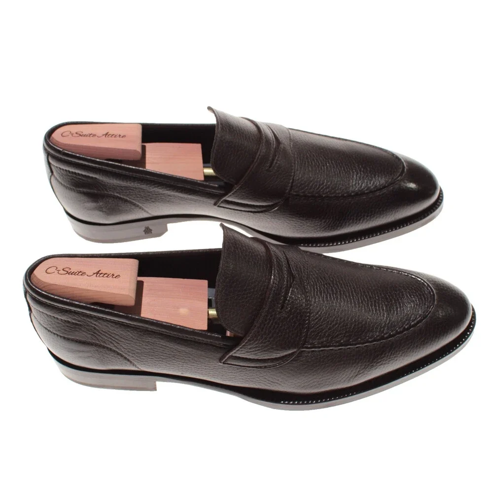 Di Bianco NWB Slip On Penny Loafers Size 11 US in Dark Brown Pebbled Leather